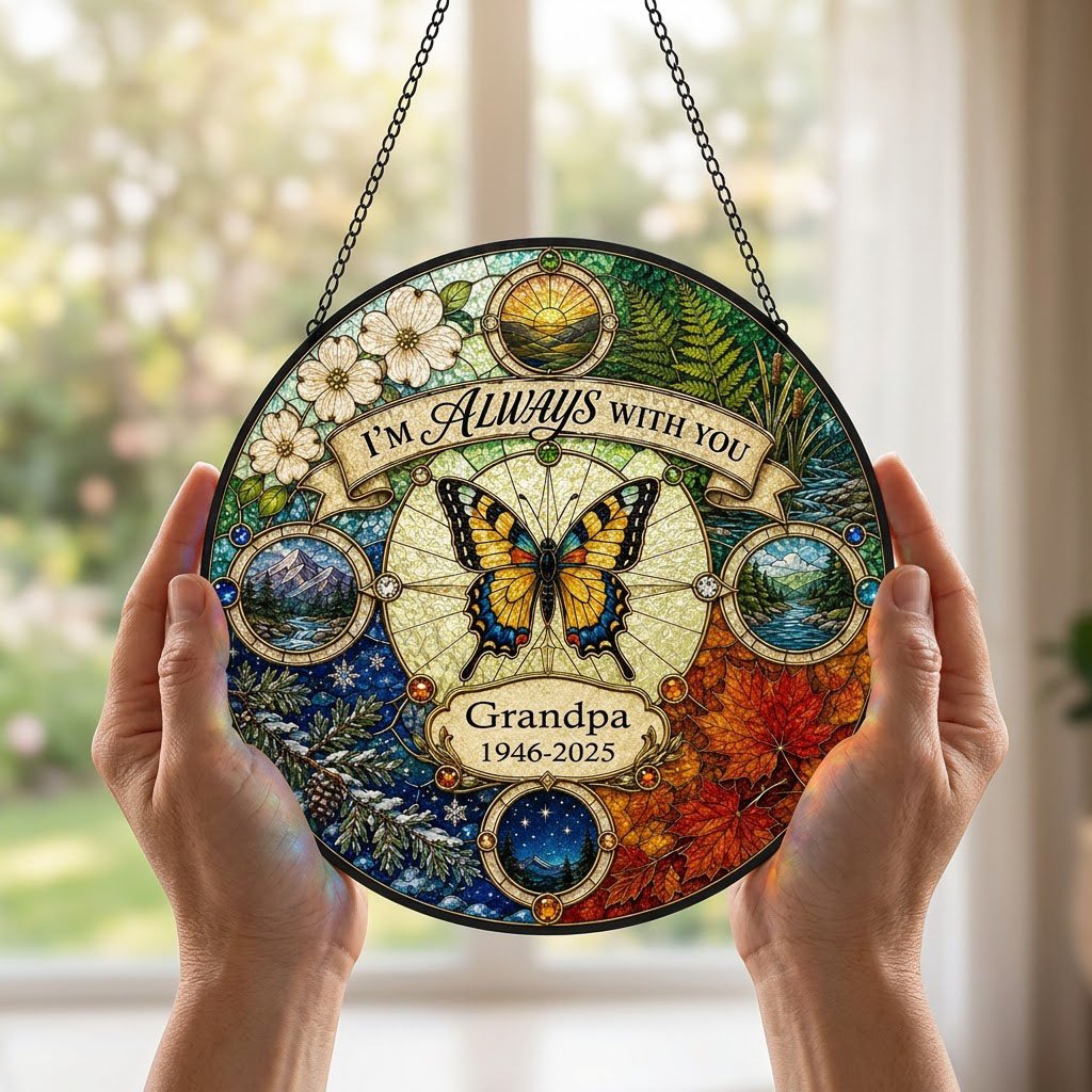 Personalized Butterfly Four Seasons Memorial I'm Always With You Stained Glass Round Suncatcher