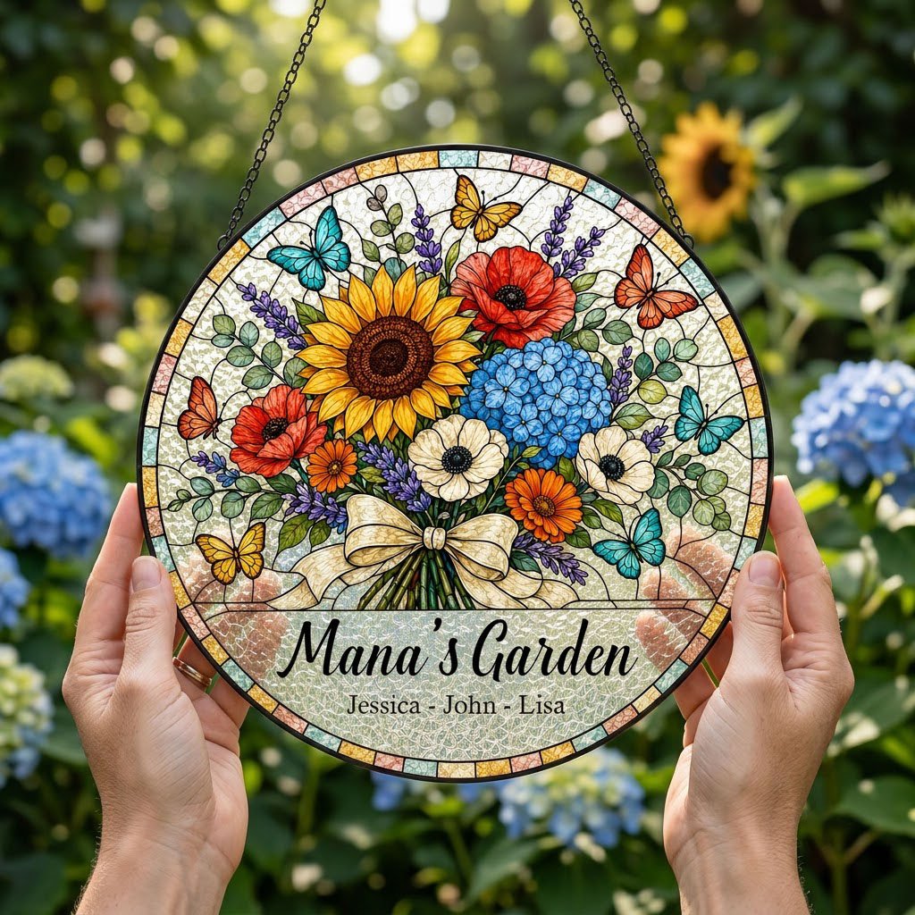 Round stained-glass style suncatcher with floral bouquet, butterflies, and 'Mana's Garden' with names.
