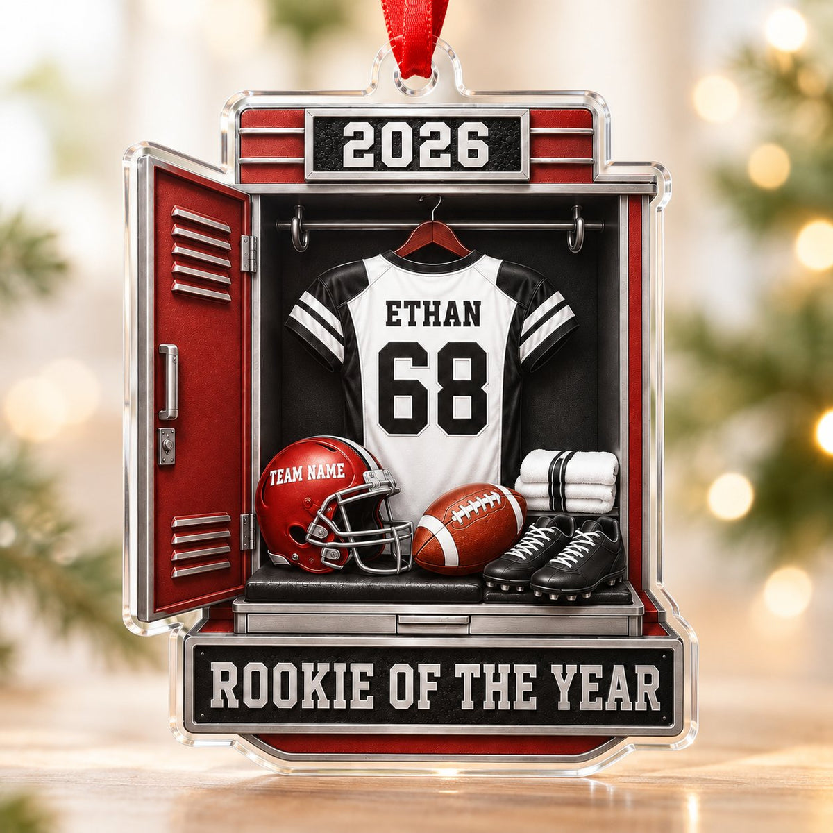 Acrylic ornament shaped like a football locker with jersey, red helmet, ball, towels and ROOKIE OF THE YEAR banner.