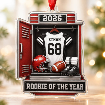 Acrylic ornament shaped like a football locker with jersey, red helmet, ball, towels and ROOKIE OF THE YEAR banner.