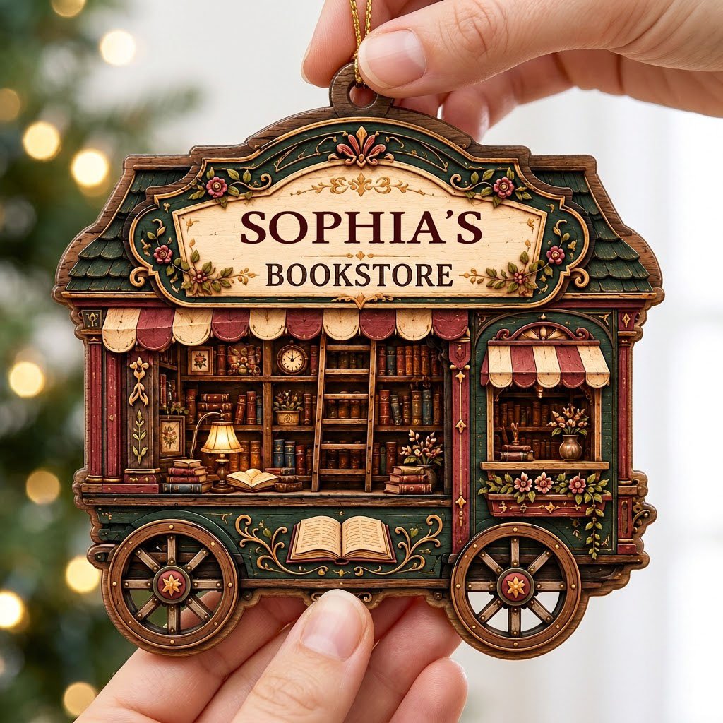 Custom-cut wood ornament shaped like a vintage bookstore wagon with books, ladder, and striped awnings.