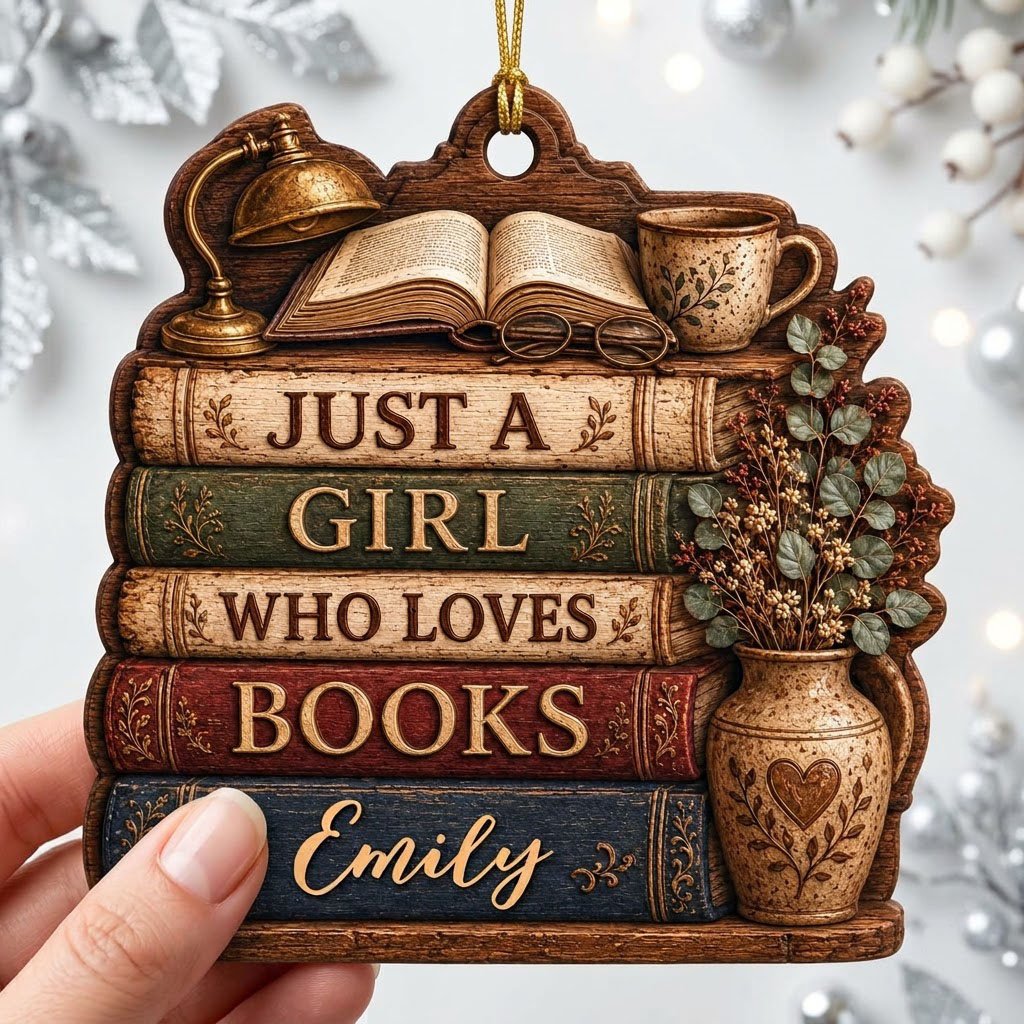 Bookshelf-shaped wood ornament with lamp, open book, teacup, vase, and Just a Girl Who Loves Books text.