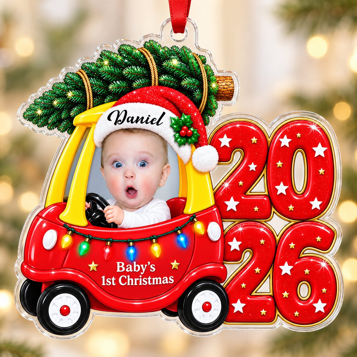 Acrylic ornament shaped like a toy car with tree, Baby's 1st Christmas text, lights, and a baby photo.