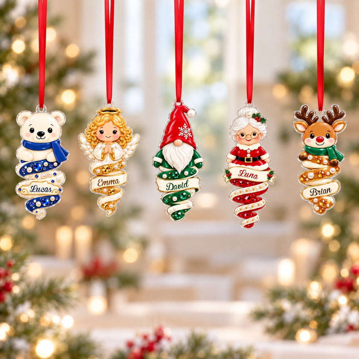 Custom-cut acrylic ornament with polar bear or Mrs. Claus atop a jeweled spiral ribbon and a name scroll banner.