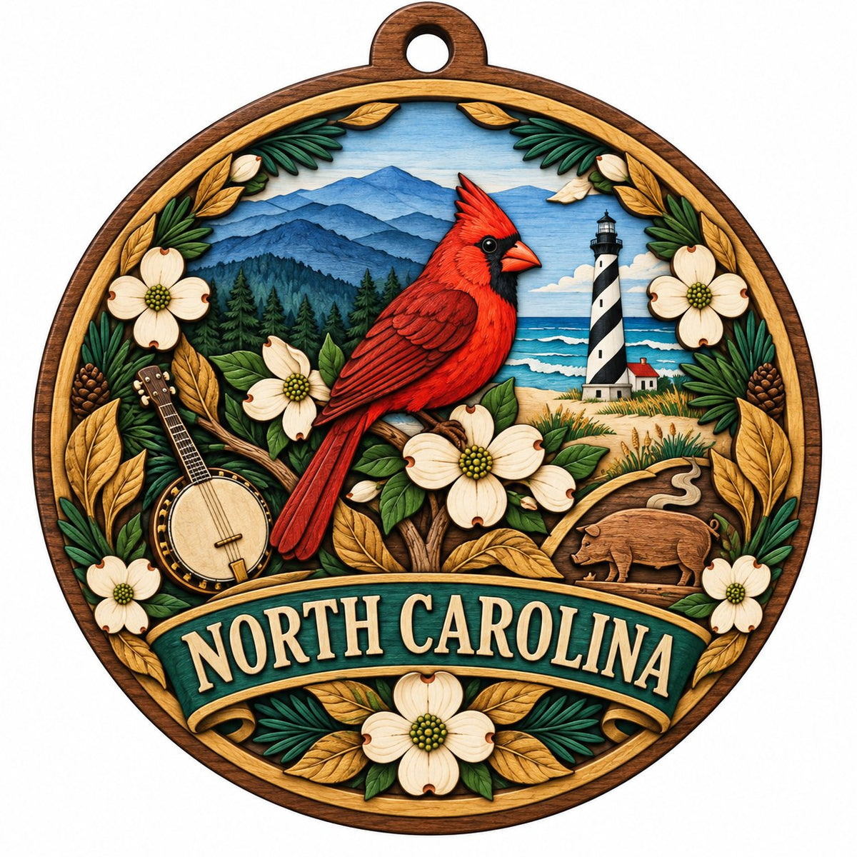 Round ornament with red cardinal, dogwood flowers, mountains, lighthouse, banjo, and 'NORTH CAROLINA' text.