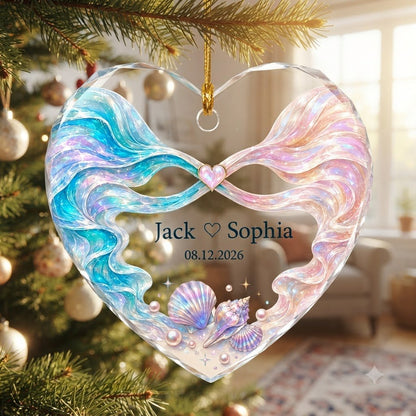 Personalized Iridescent Ribbon Seashell Heart Glass Ornament