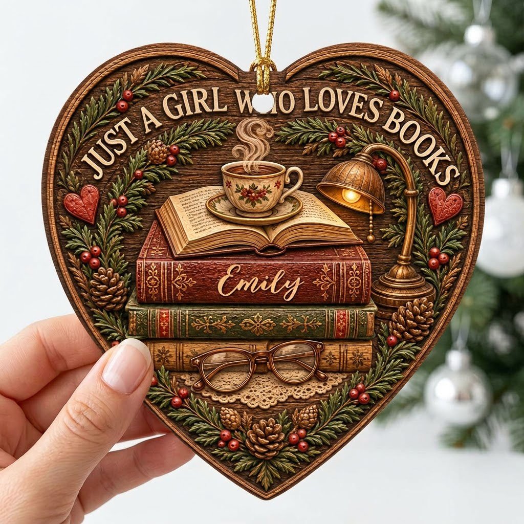 Heart-shaped wood ornament with books, open book and teacup, lamp, glasses, pine foliage, pinecones and hearts.