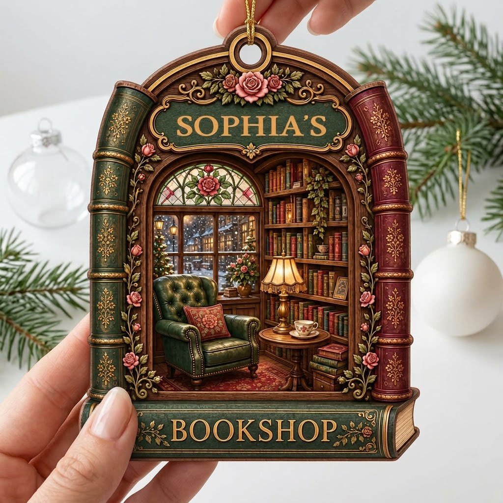 Arch-shaped wood ornament framed by book spines with BOOKSHOP and a cozy library scene with lamp and armchair.