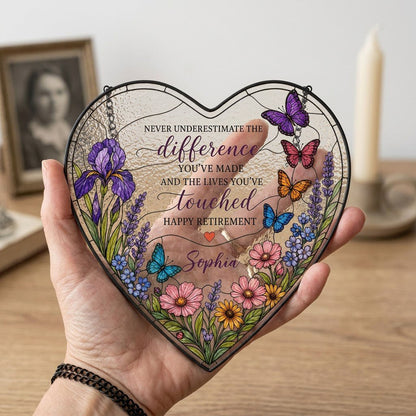 Personalized Retirement Purple Iris Wildflower Never Underestimate The Difference Happy Retirement Heart Stained Glass Suncatcher