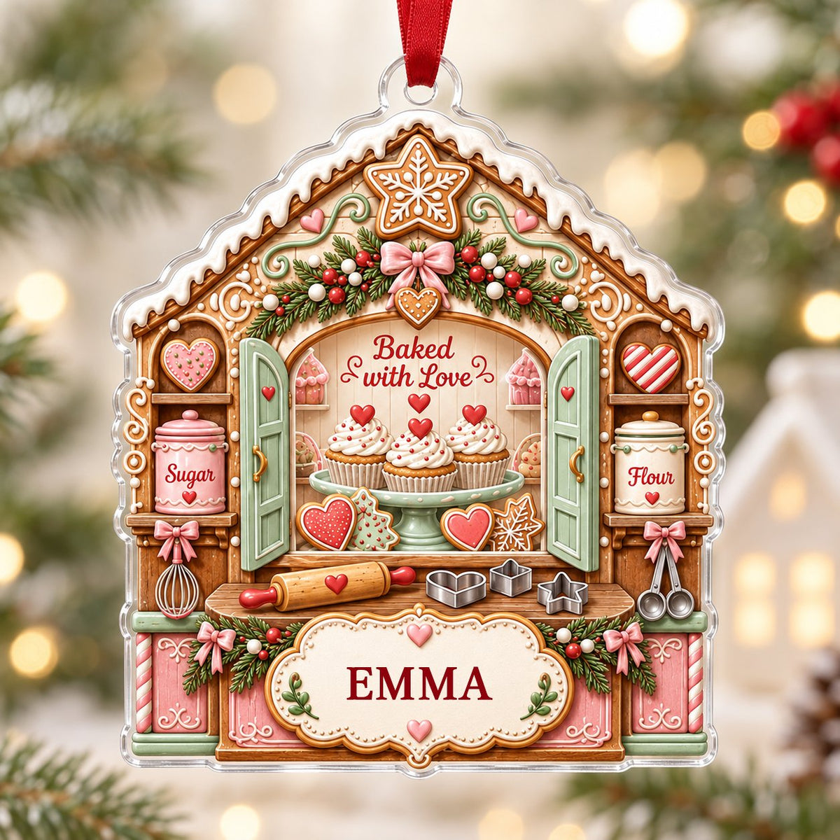 Custom-cut acrylic ornament shaped like a gingerbread house with baking tools, cupcakes, and a name banner.