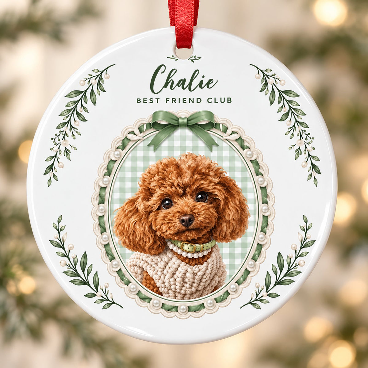 Round ceramic ornament with a poodle portrait, 'BEST FRIEND CLUB', green gingham, bow, and leafy sprigs.