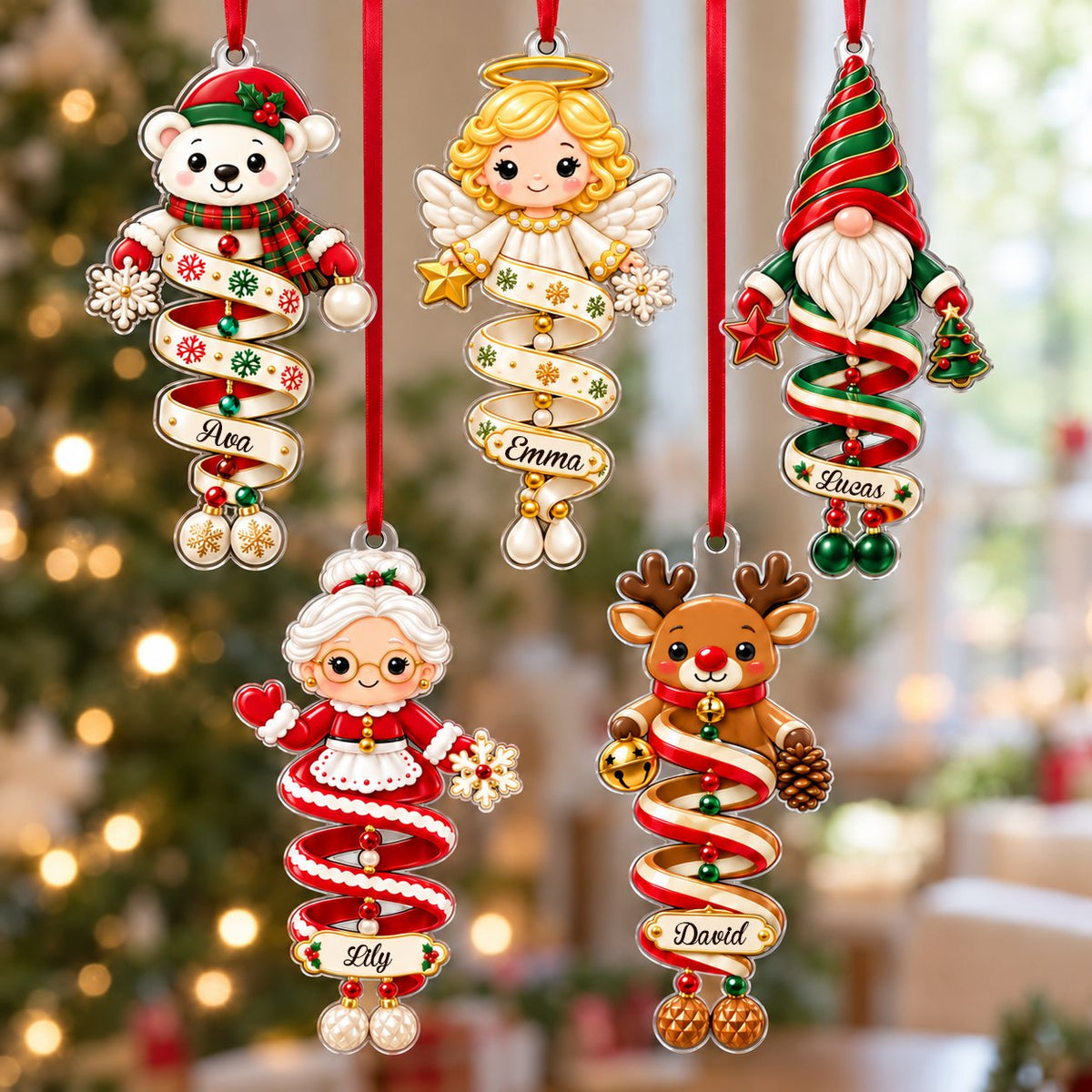 Acrylic ornament showing a polar bear and Mrs. Claus made of spiral ribbons with two personalized names on each characte