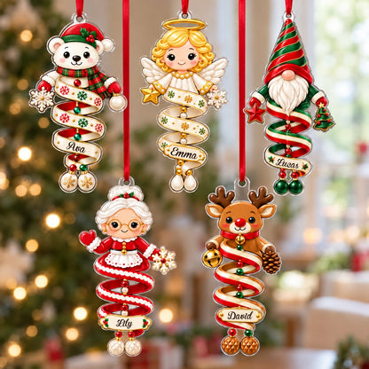 Acrylic ornament showing a polar bear and Mrs. Claus made of spiral ribbons with two personalized names on each characte