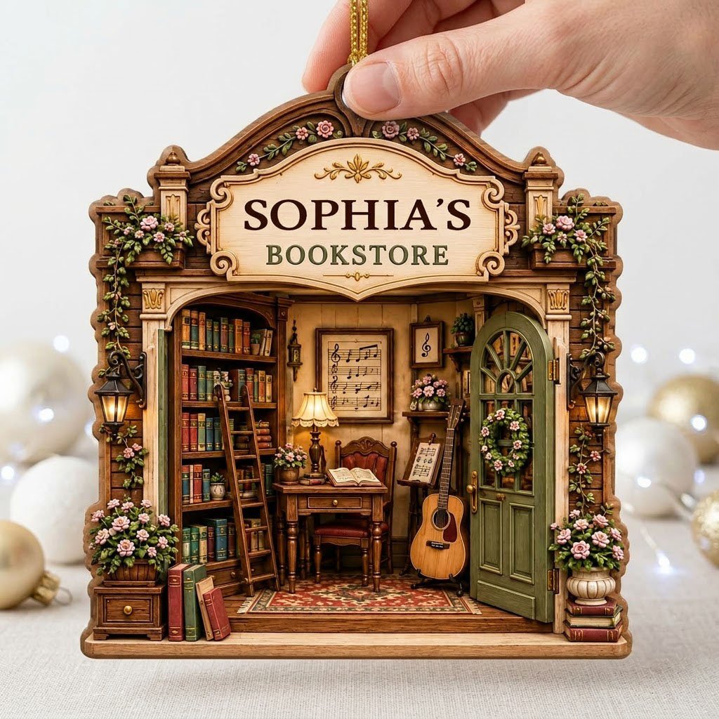 Arched storefront wood ornament with a cozy bookstore diorama and "BOOKSTORE" text, personalized with a name.