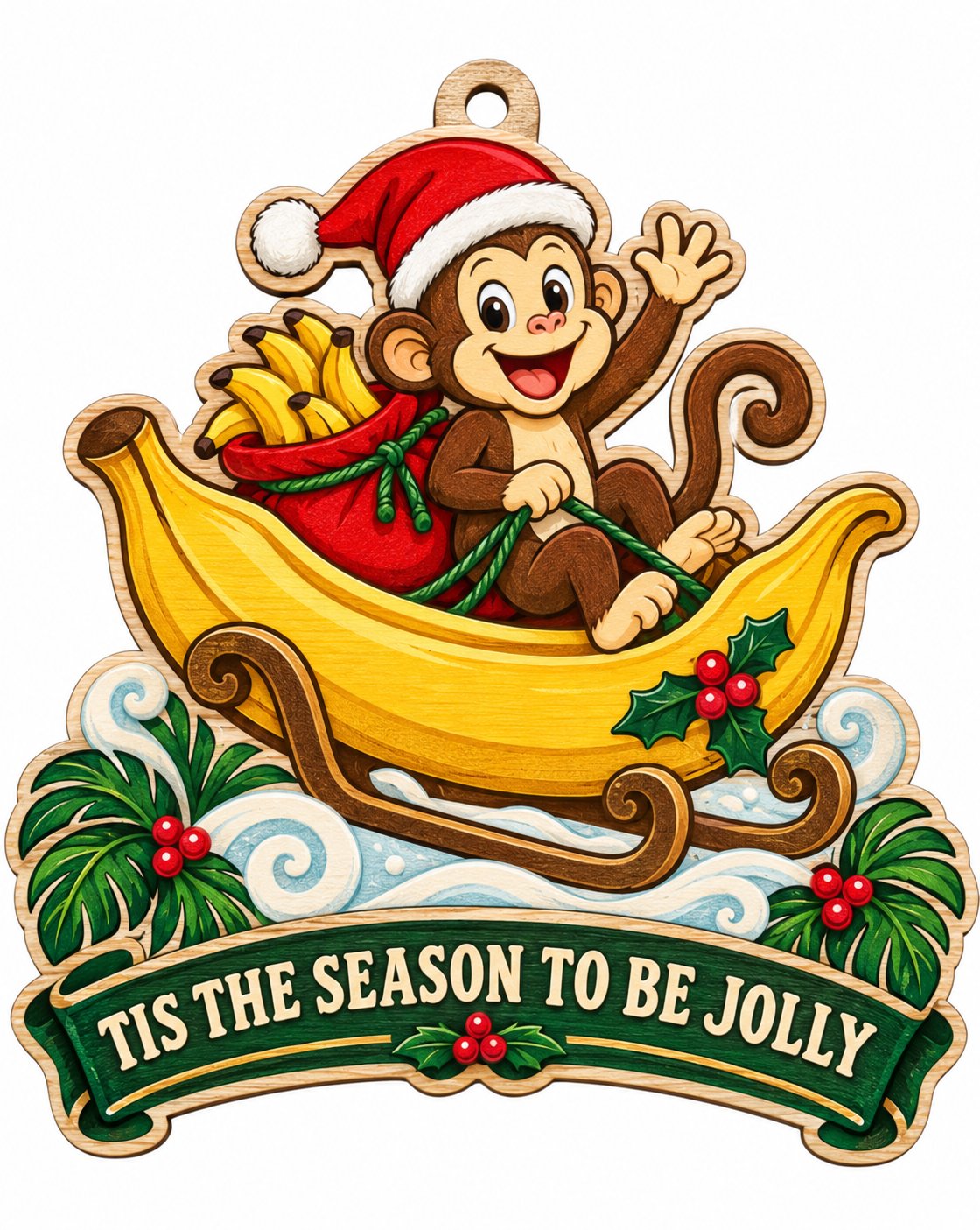 Custom-cut wood ornament with monkey in Santa hat riding a banana sleigh, banner reads TIS THE SEASON TO BE JOLLY.