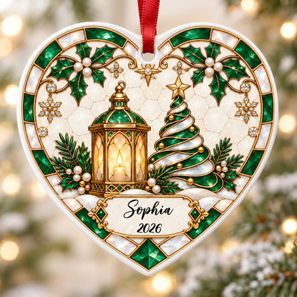Heart ornament with emerald stained-glass border, gold lantern, spiral tree, holly, and a name-and-year scroll plaque.