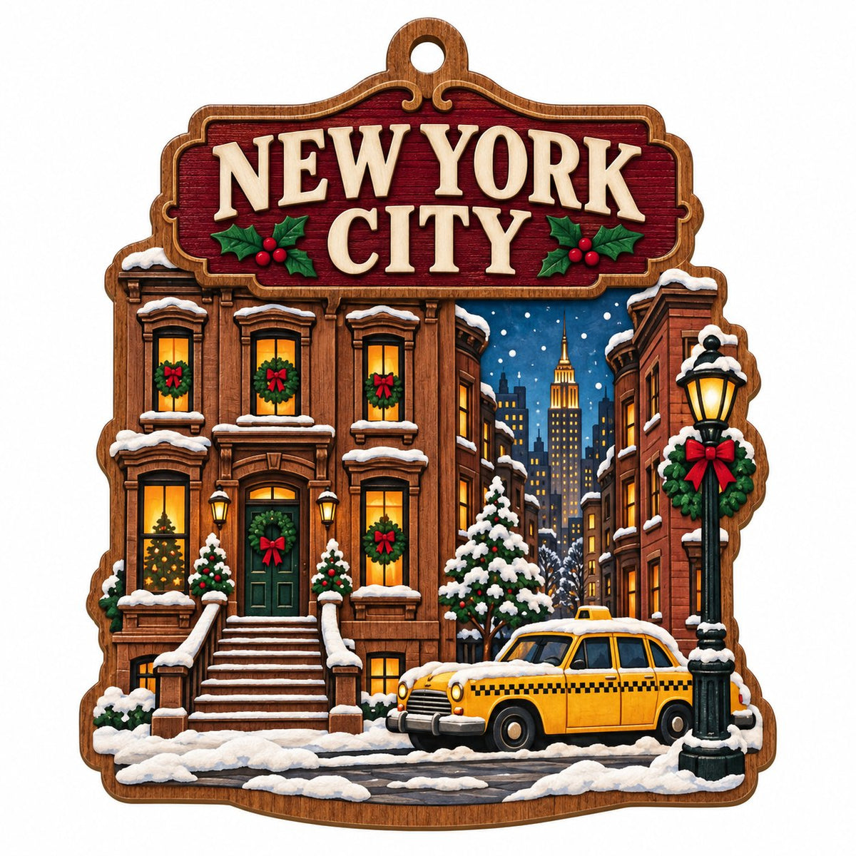 Custom-cut wood ornament with New York City brownstone, yellow taxi, street lamp, and snowy skyline with the Empire Stat