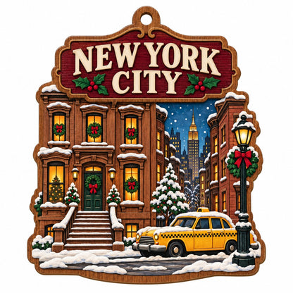 Custom-cut wood ornament with New York City brownstone, yellow taxi, street lamp, and snowy skyline with the Empire Stat
