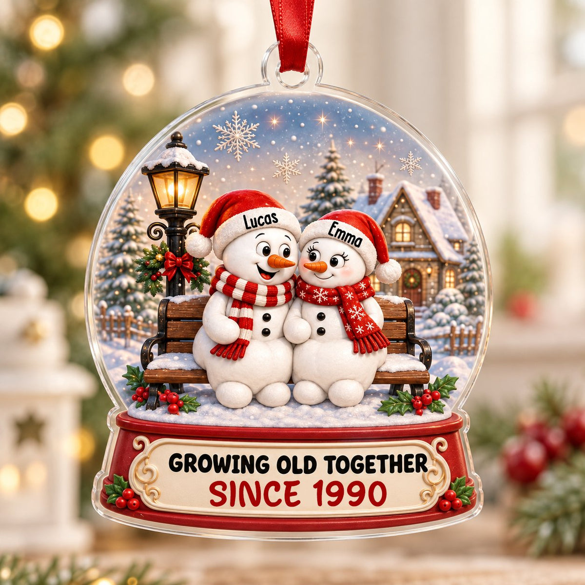 Acrylic snowglobe ornament with two snowmen on a bench, Santa hats, and Growing Old Together text.