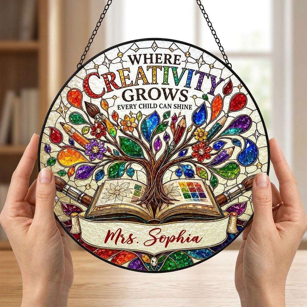 Round stained glass-style suncatcher with tree growing from an open book, paintbrushes, pencils, blossoms, and teacher n