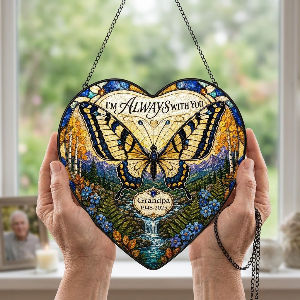 Personalized Butterfly Mountain Waterfall Memorial I'm Always With You Heart Stained Glass Suncatcher