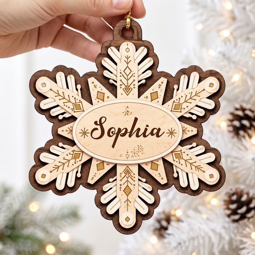 Layered wood snowflake ornament with geometric engravings and a central oval name plate for a custom name.