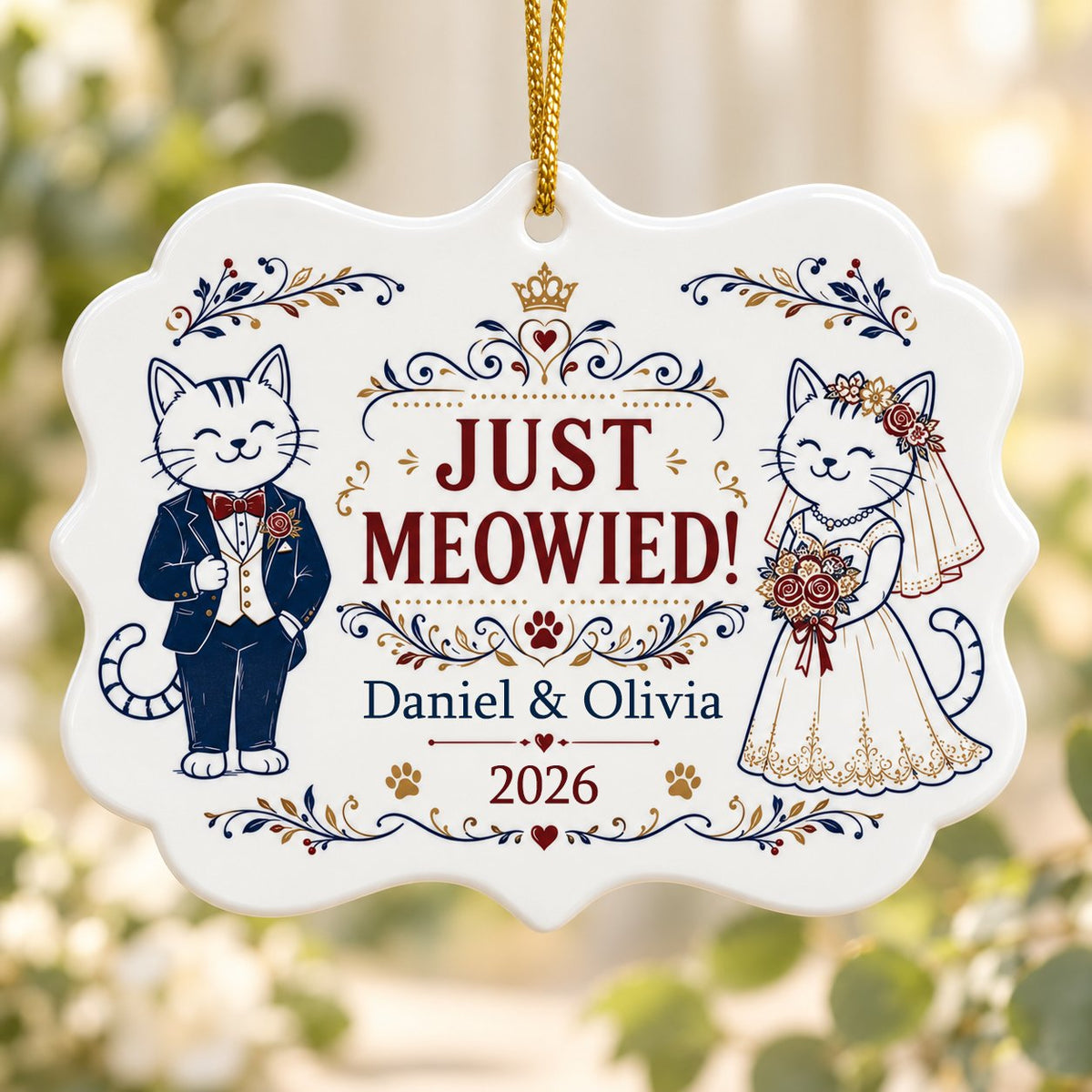 Medallion ceramic ornament with cat bride and groom, gold crown, floral scrolls, red hearts and paw prints on white.