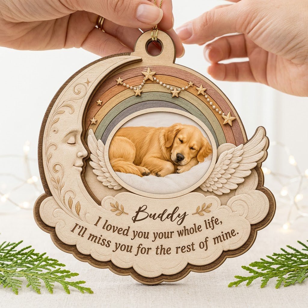 Wood ornament with crescent moon, angel wings, rainbow, and a sleeping dog photo above a cloud plaque.