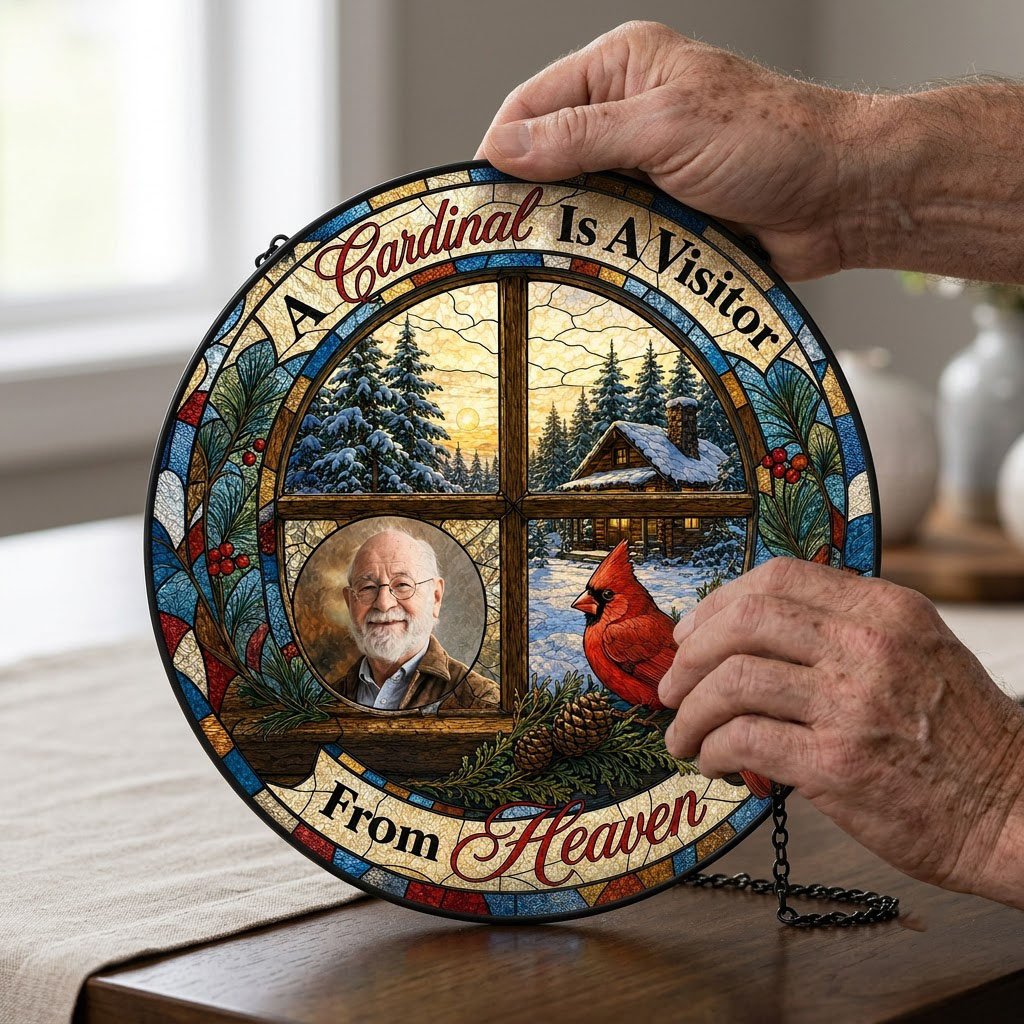 Stained glass suncatcher with a wooden four-pane window, snowy cabin scene, red cardinal on pine branches, and a circula
