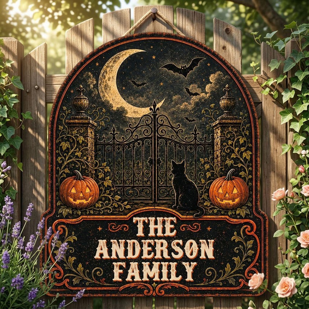 Arched wooden sign with crescent moon, bats, wrought-iron gate, black cat and jack-o'-lanterns with family name.