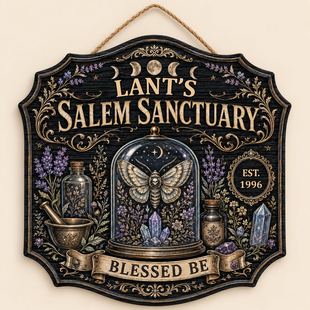 Ornate shield wooden sign with 'Salem Sanctuary,' moon phases, moth, crystals, and personalized name and year.