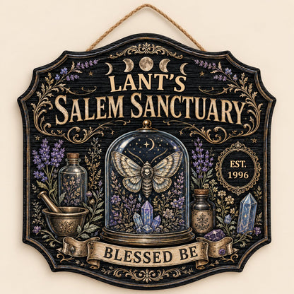 Ornate shield wooden sign with 'Salem Sanctuary,' moon phases, moth, crystals, and personalized name and year.