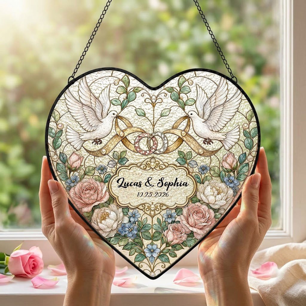 Personalized Wedding Doves & Intertwined Rings Floral Heart Stained Glass Suncatcher