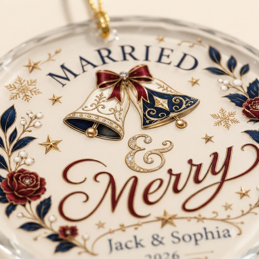 Round faceted glass ornament with two wedding bells, navy floral wreath, gold stars, and 'MARRIED' with names and year.