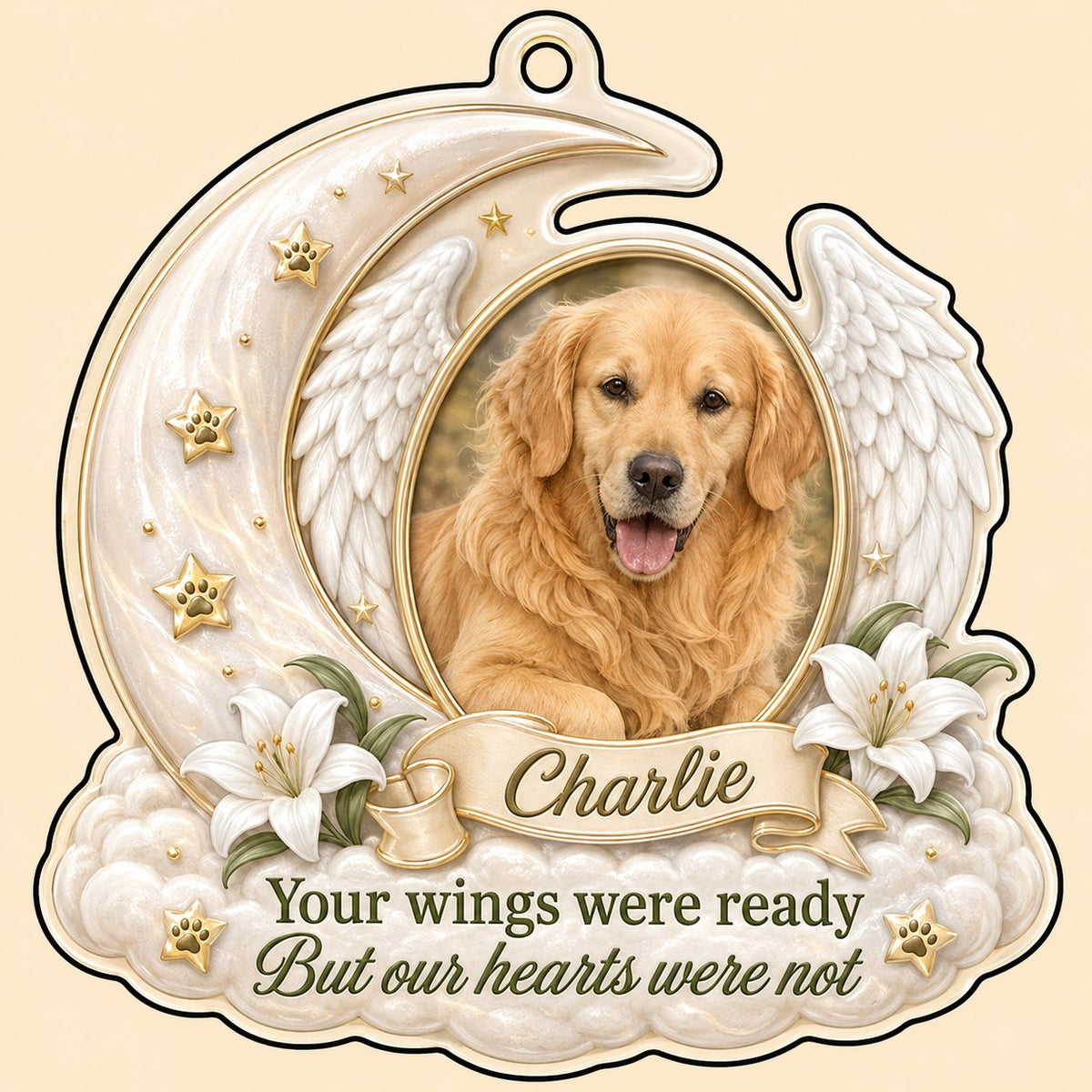 Crescent moon and angel wings acrylic ornament with oval pet photo, paw-print stars, white lilies, clouds, and a name ba