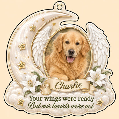 Crescent moon and angel wings acrylic ornament with oval pet photo, paw-print stars, white lilies, clouds, and a name ba
