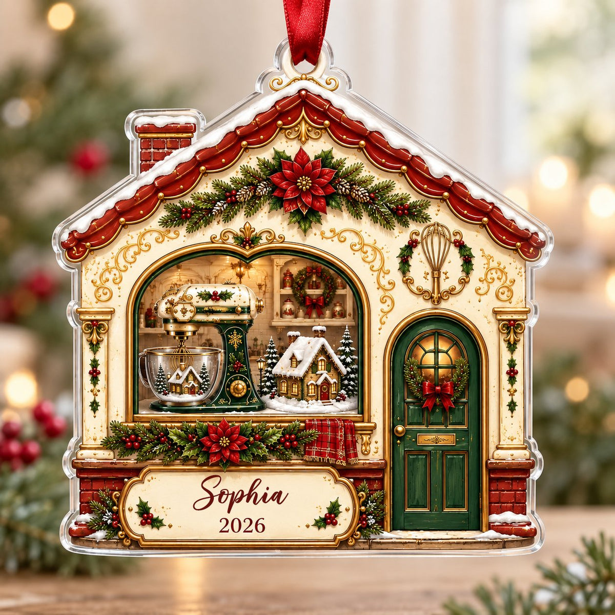 House-shaped acrylic ornament with baking scene, stand mixer, wreaths, and name and year on the bottom banner.