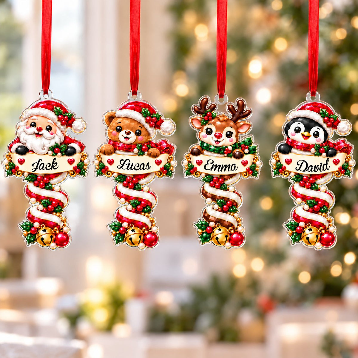 Custom-cut acrylic ornament with Santa or penguin holding a name banner on a red-and-white candy cane.