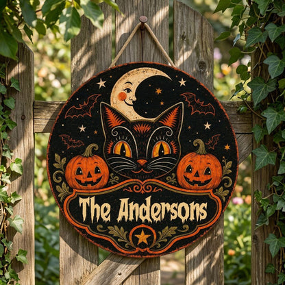 Round wooden sign with vintage black cat face, crescent moon, pumpkins, bats, stars and custom family name.