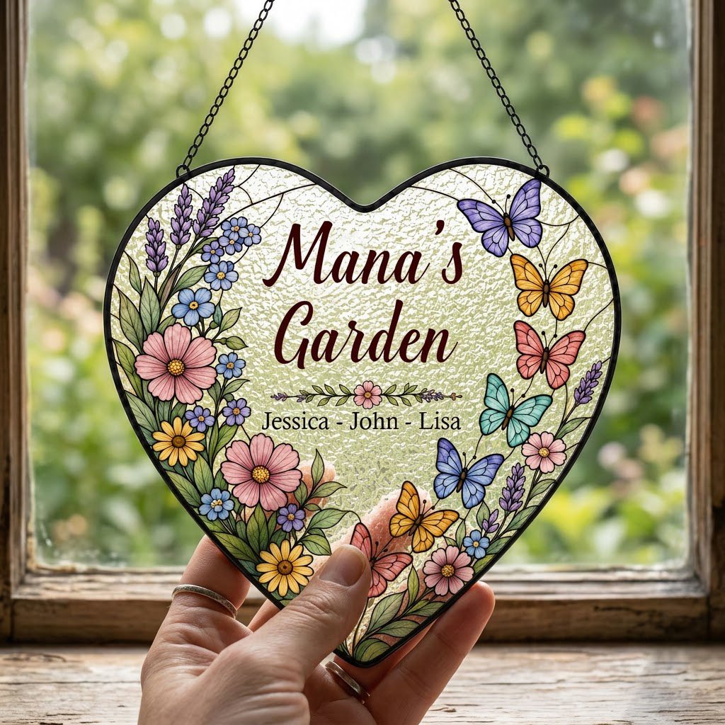 Heart stained-glass suncatcher with floral border, colorful butterflies, and 'Mana's Garden' with kids' names.
