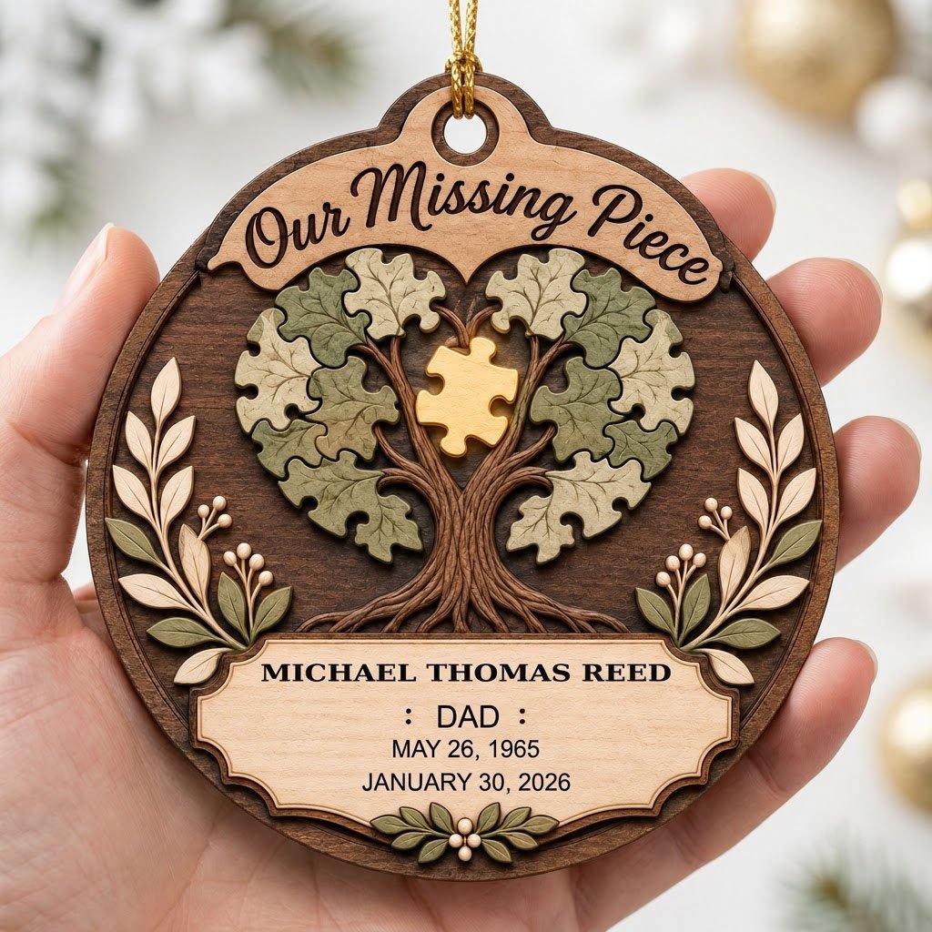 Round wood ornament displays “Our Missing Piece” with a puzzle-piece family tree and a gold missing piece at the center.