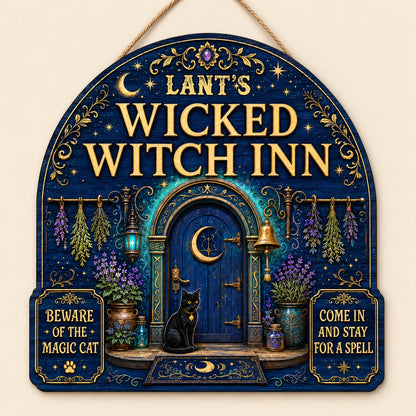 Custom-cut arched blue door wooden sign with black cat, crescent moon, herbs, lantern, bell, lavender and witchy plaques