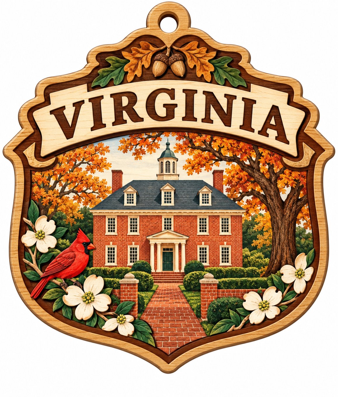 Shield-shaped wood ornament with “VIRGINIA,” colonial brick building, cardinal, acorns and white dogwood flowers.