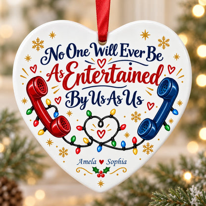 Heart ceramic ornament with red and blue vintage phones, heart-shaped Christmas lights, gold snowflakes and holly.