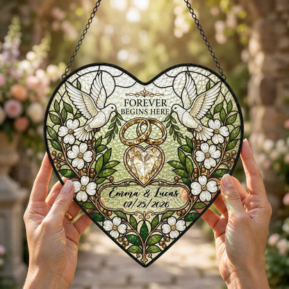 Personalized Wedding Doves & Diamond Heart Forever Begins Here Heart Stained Glass Suncatcher
