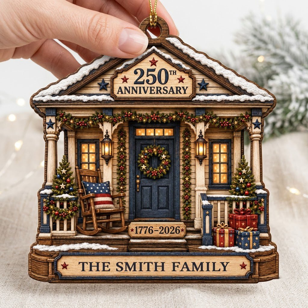 House-shaped ornament with patriotic porch, blue door, wreath, and '250TH ANNIVERSARY 1776-2026' text