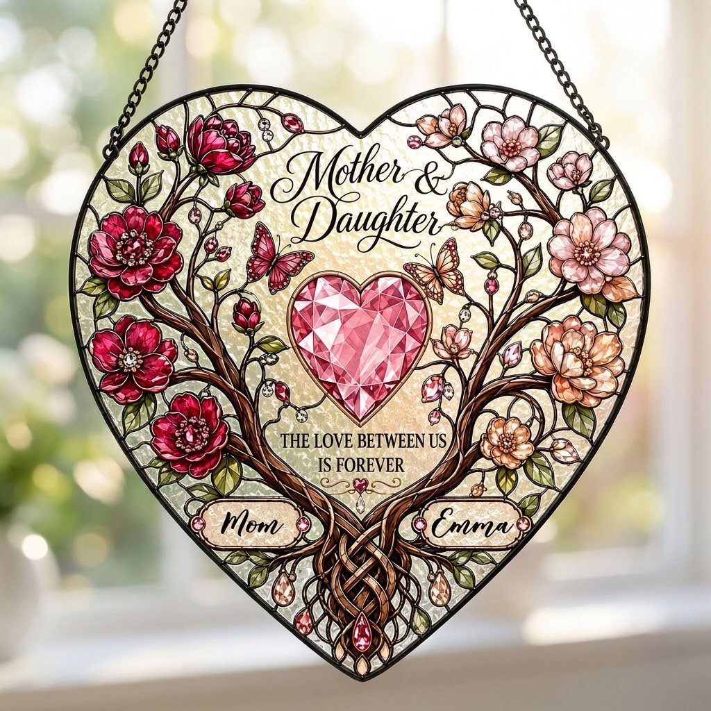 Heart-shaped stained-glass style suncatcher with intertwined trees, red and pink flowers, butterflies, and a pink gem he