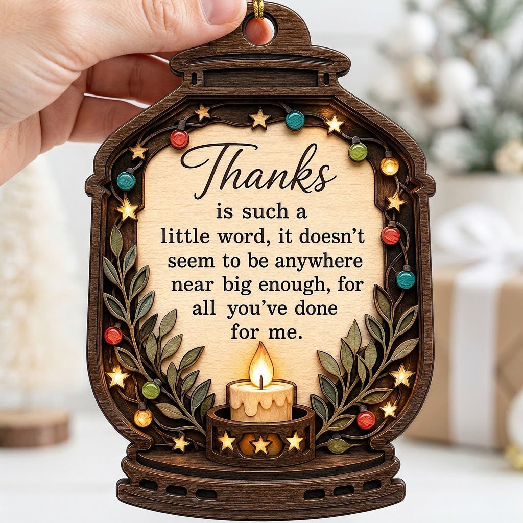 Lantern-shaped wood ornament with candle, colorful fairy lights, leafy branches, and a thank-you quote.