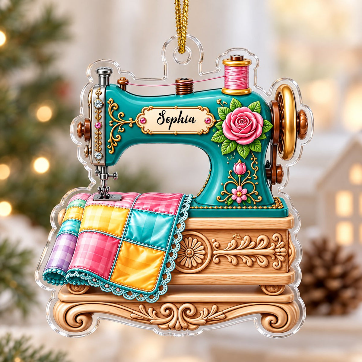 Custom-cut acrylic ornament of a teal vintage sewing machine with a rose and quilt block, personalized with a name.