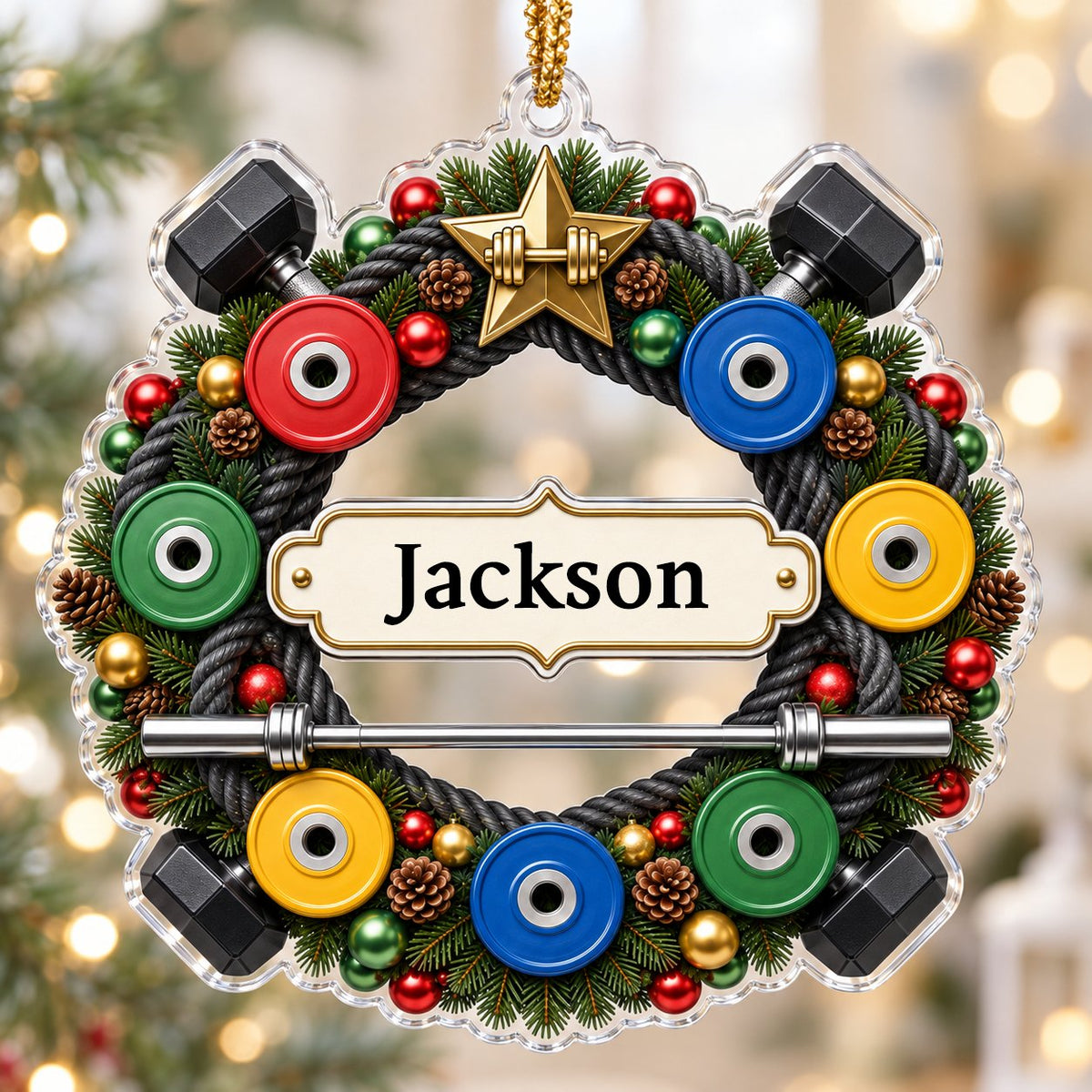 Acrylic ornament shaped around a gym wreath with dumbbells, bumper plates, barbell, and a name banner.